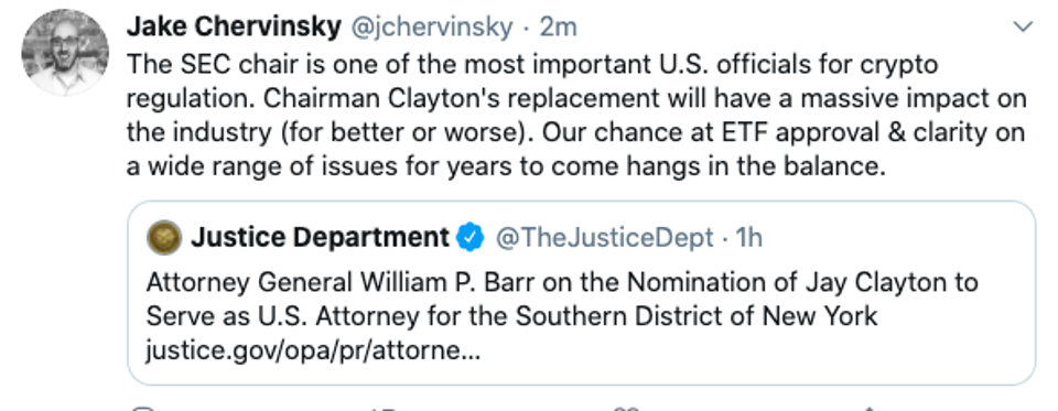 Jake Chervinsky posts on SEC Chair replacement after news of Trump's pick of Jay Clayton to U.S. Attorney of New York.
