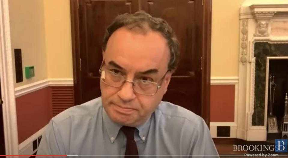 Britain's Central Bank Governor Andrew Bailey giving a speech virtually at Brookings 